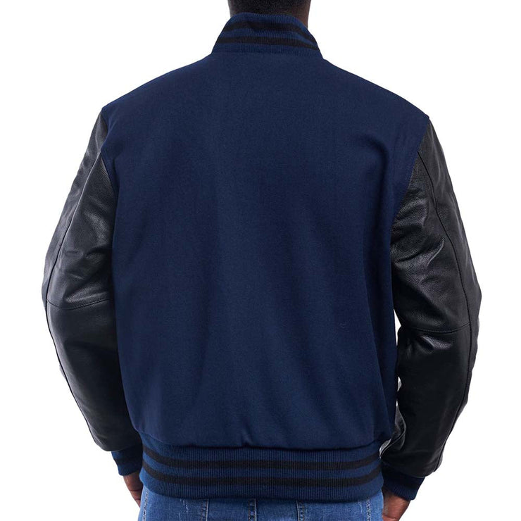 Men's Navy Black Varsity Jacket With Cowhide Leather Sleeves: The Last Demon