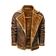 Mens Turn Down Collar Genuine Leather Jacket With Cross Zipper