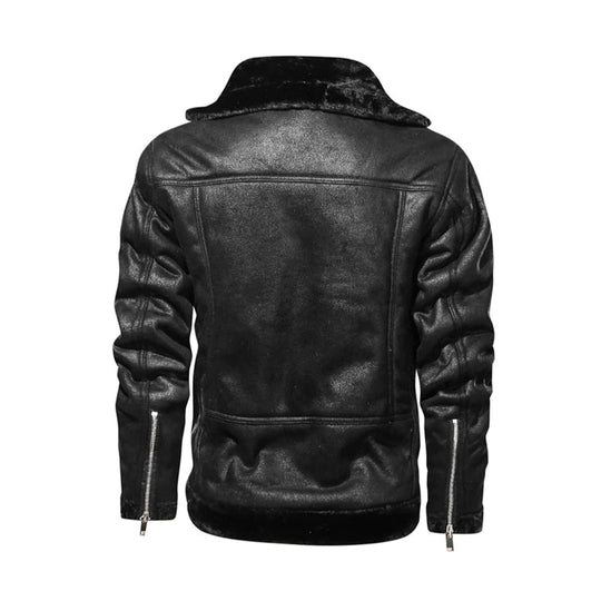 Mens Turn Down Collar Genuine Leather Jacket With Cross Zipper