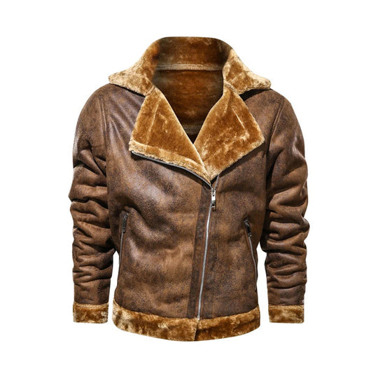 Mens Turn Down Collar Genuine Leather Jacket With Cross Zipper