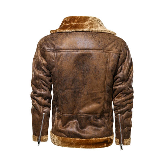 Mens Turn Down Collar Genuine Leather Jacket With Cross Zipper