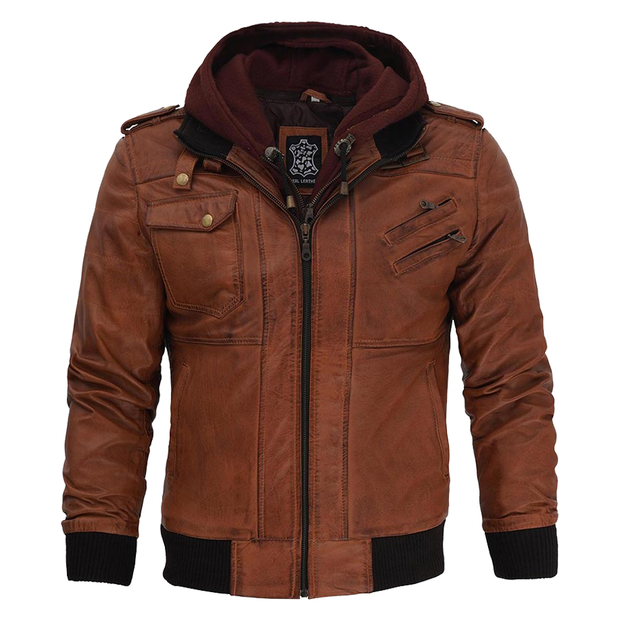 Men's Brown Leather Bomber Jacket With Hood: The Edward