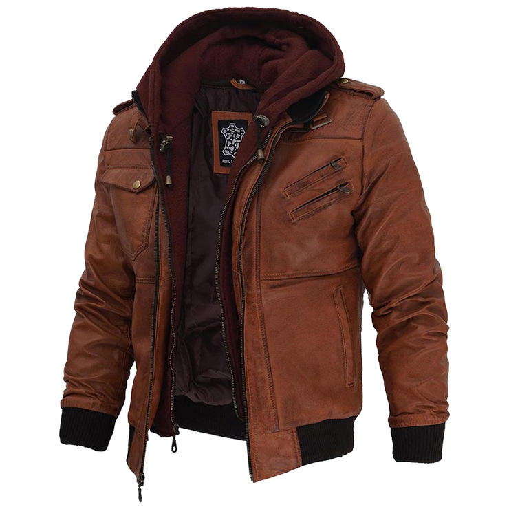 Men's Brown Leather Bomber Jacket With Hood: The Edward