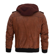 Men's Brown Leather Bomber Jacket With Hood: The Edward