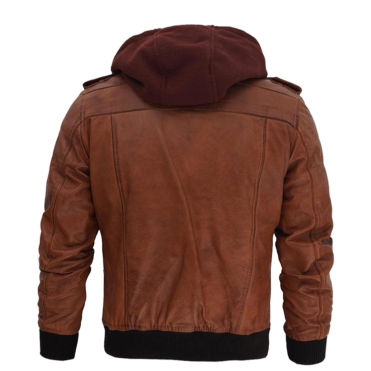 Men's Brown Leather Bomber Jacket With Hood: The Edward