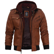 Men's Brown Leather Bomber Jacket With Hood: The Edward