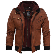 Men's Brown Leather Bomber Jacket With Hood: The Edward