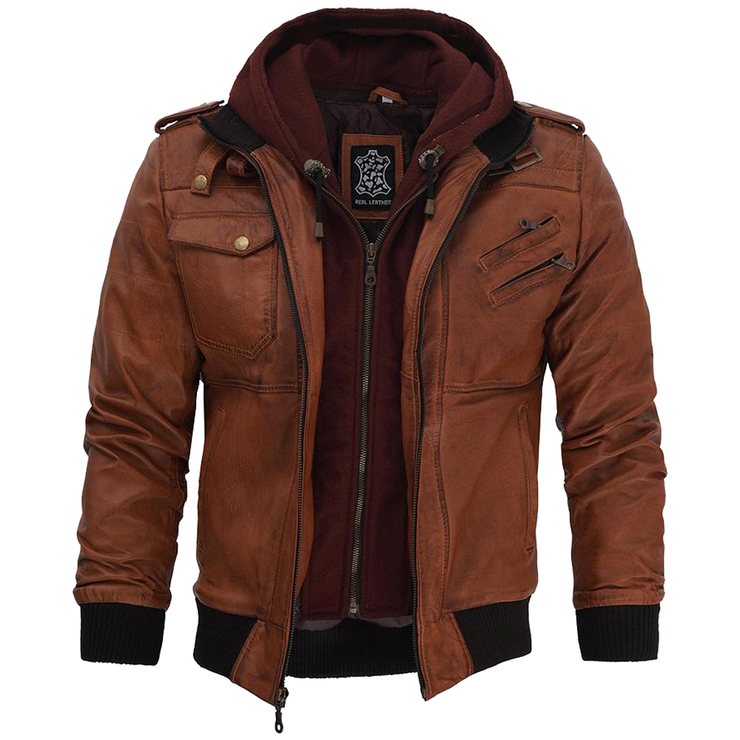 Men's Brown Leather Bomber Jacket With Hood: The Edward