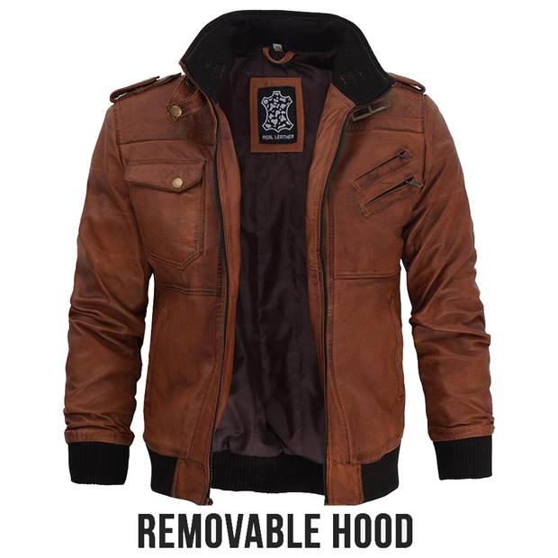 Men's Brown Leather Bomber Jacket With Hood: The Edward