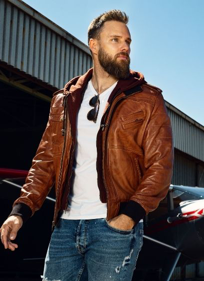 Men's Brown Leather Bomber Jacket With Hood: The Edward