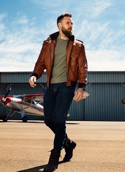 Men's Brown Leather Bomber Jacket With Hood: The Edward