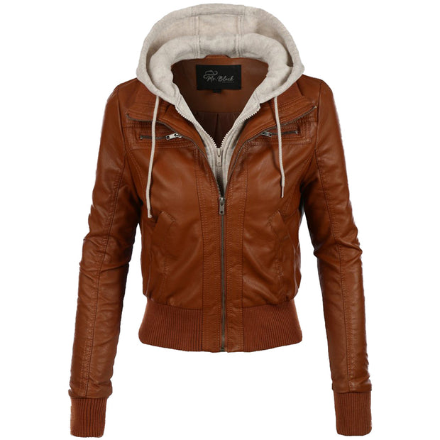 Women's Cognac Hooded Leather Jacket: The Jenna