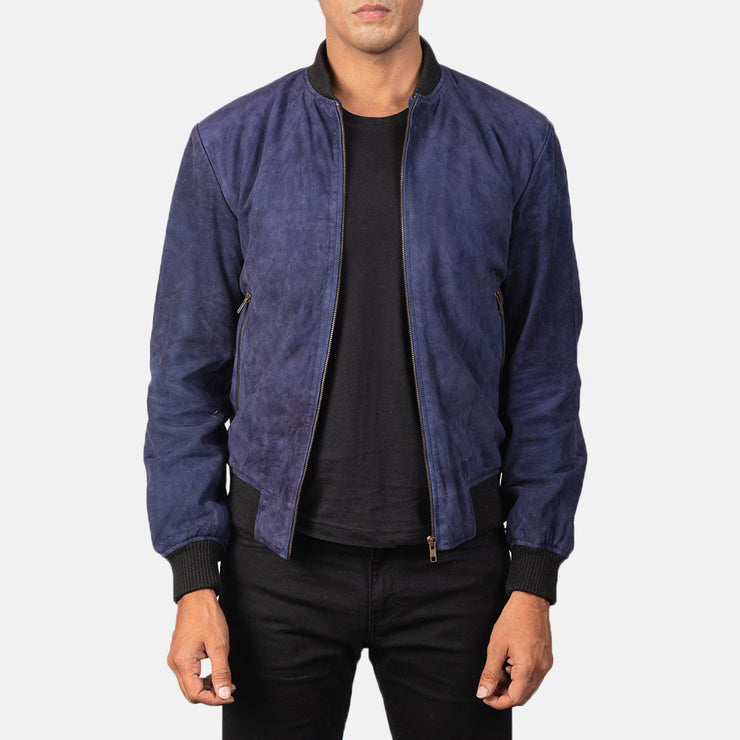 Men's Blue Suede Leather Bomber Jacket: The Bennett