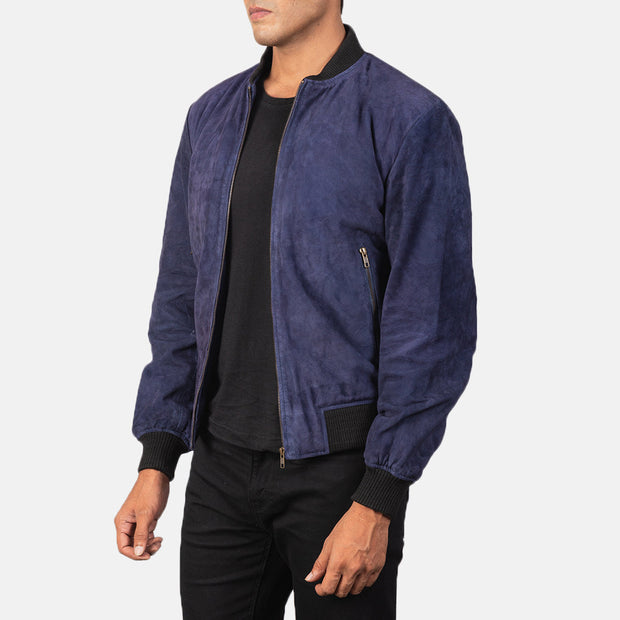 Men's Blue Suede Leather Bomber Jacket: The Bennett