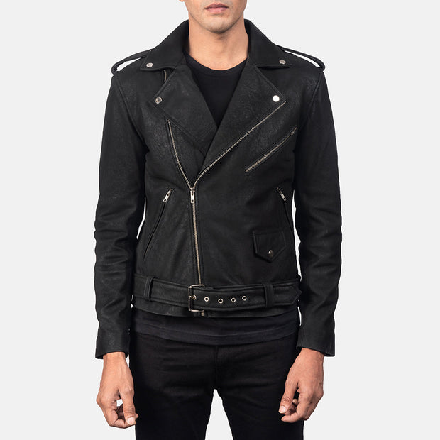 Men's Distressed Black Leather Biker Jacket: The Cooper