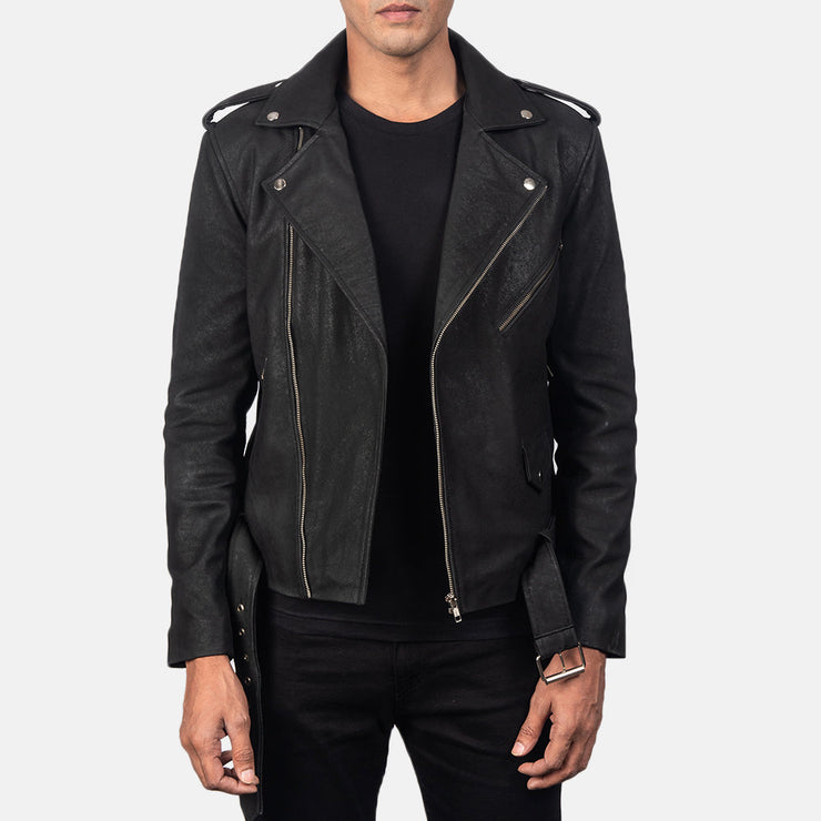 Men's Distressed Black Leather Biker Jacket: The Cooper