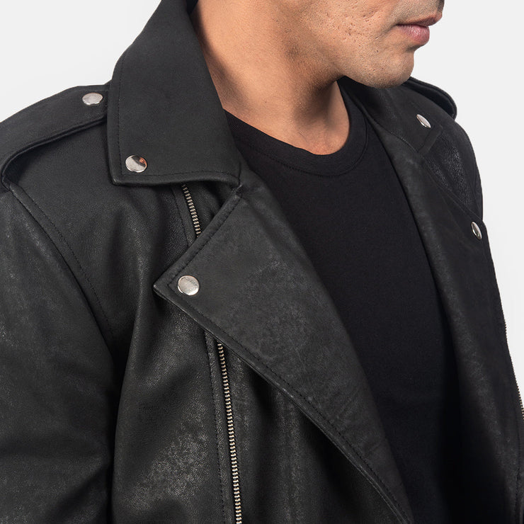 Men's Distressed Black Leather Biker Jacket: The Cooper