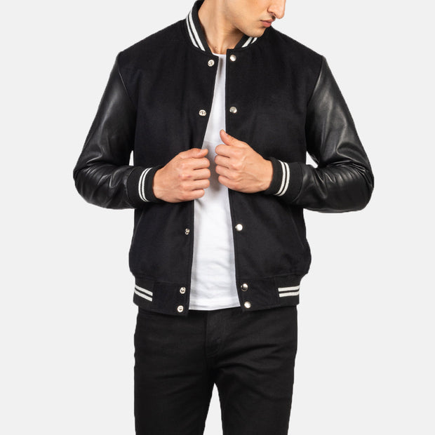 Men's Black Striped Hybrid Varsity Jacket: The Harrison