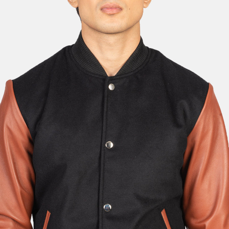 Men's Black And Cognac Hybrid Varsity Jacket: The Harrison