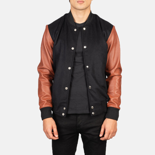 Men's Black And Cognac Hybrid Varsity Jacket: The Harrison