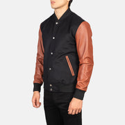 Men's Black And Cognac Hybrid Varsity Jacket: The Harrison