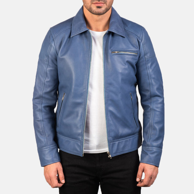 Men's Blue Leather Biker Jacket: The Micah