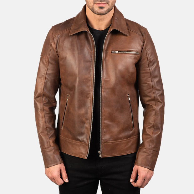 Men's Cognac Brown Leather Biker Jacket: The Micah