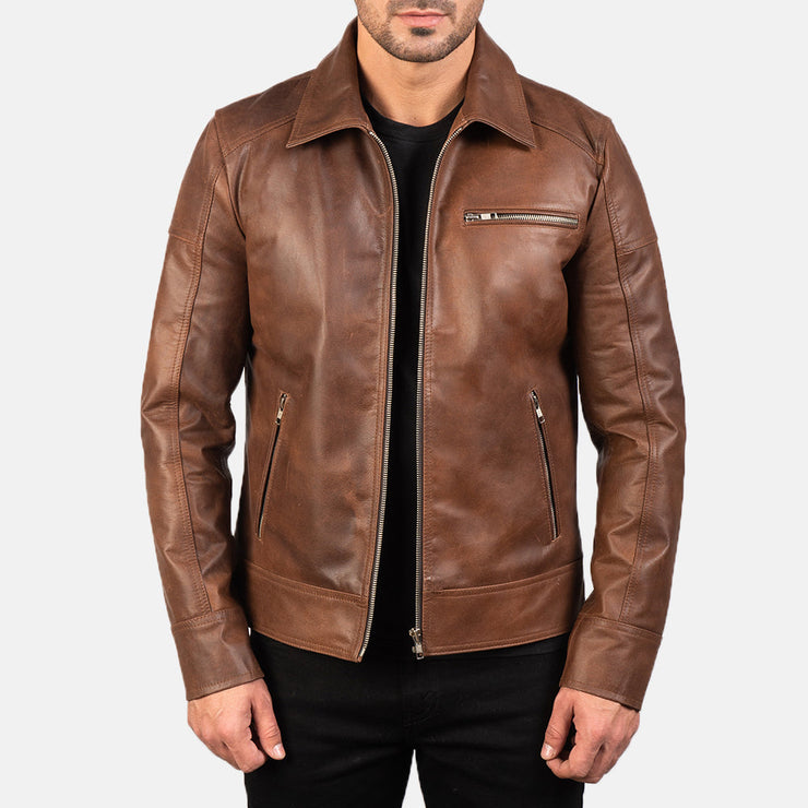 Men's Cognac Brown Leather Biker Jacket: The Micah