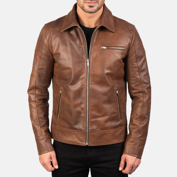 Men's Cognac Brown Leather Biker Jacket: The Micah