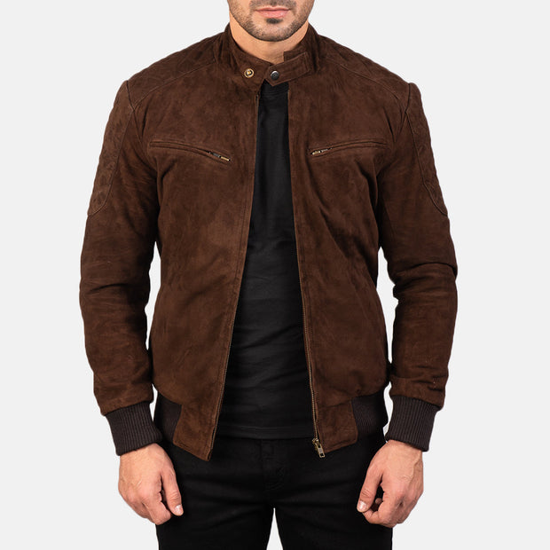 Men's Dark Brown Suede Bomber Leather Jacket: The Vincent