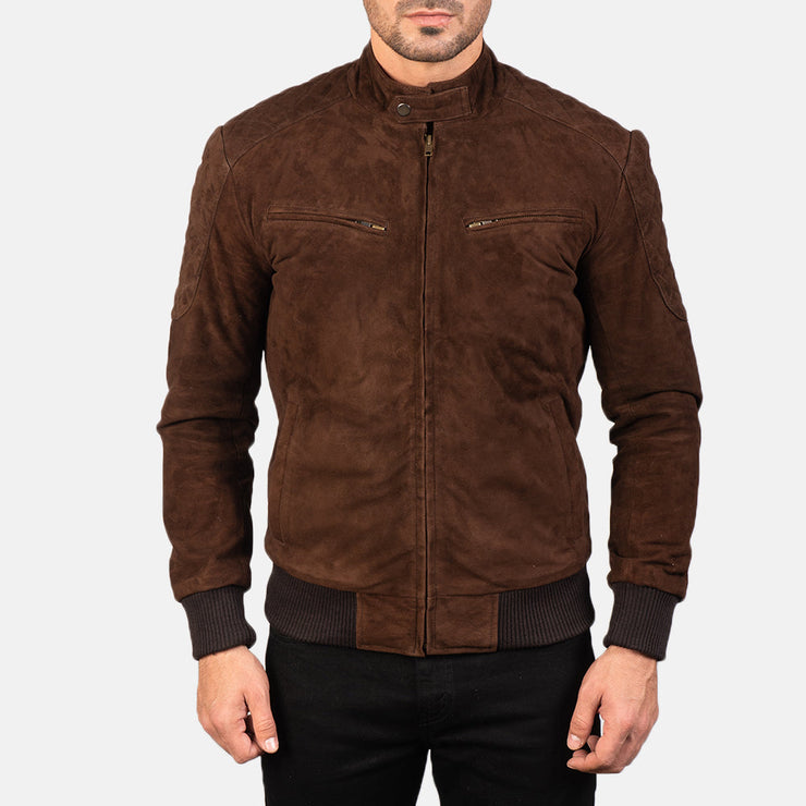 Men's Dark Brown Suede Bomber Leather Jacket: The Vincent