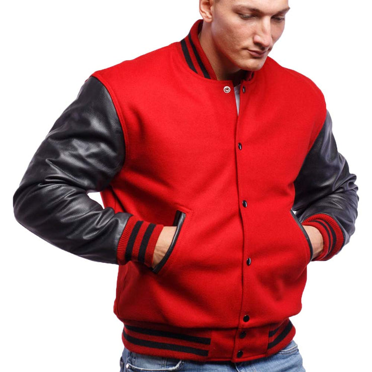 Men's Red And Black Varsity Jacket With Cowhide Leather Sleeves: The Last Demon