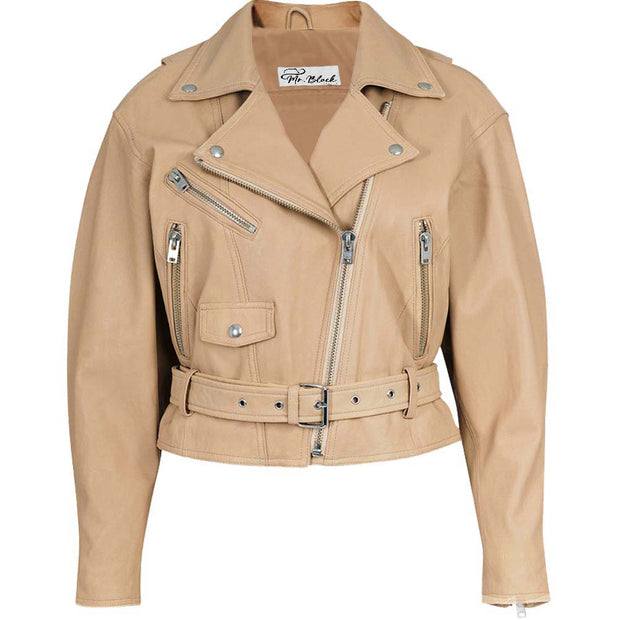 Women's Beige Biker Leather Jacket: The Romola