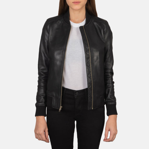 Women's Black Leather Bomber Jacket: The Brooklyn