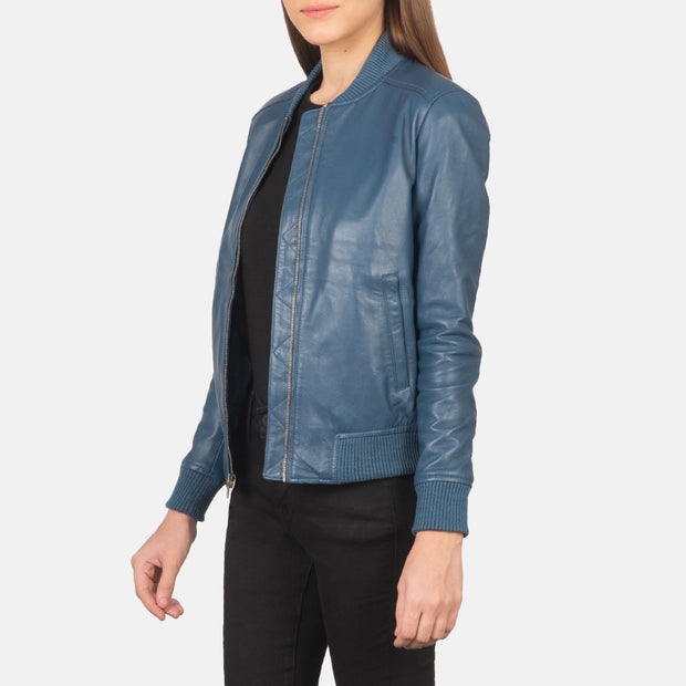 Women's Blue Leather Bomber Jacket: The Brooklyn