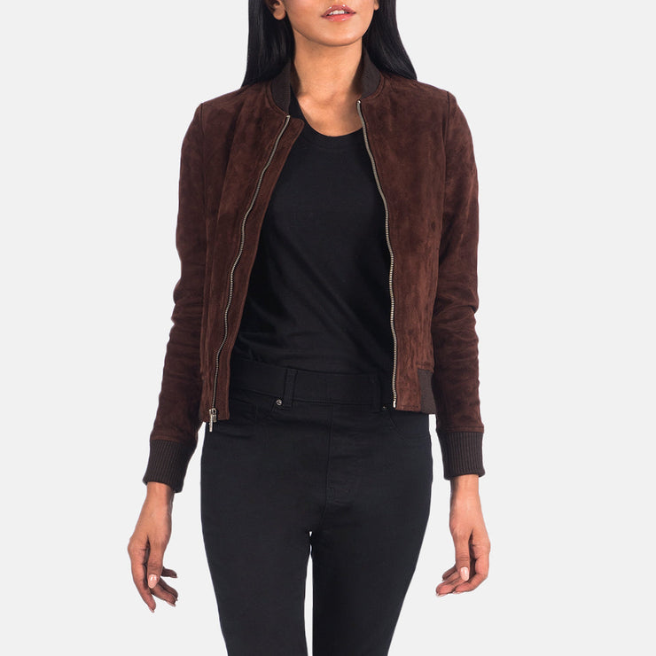 Women's Brown Suede Leather Bomber Jacket: The Brooklyn