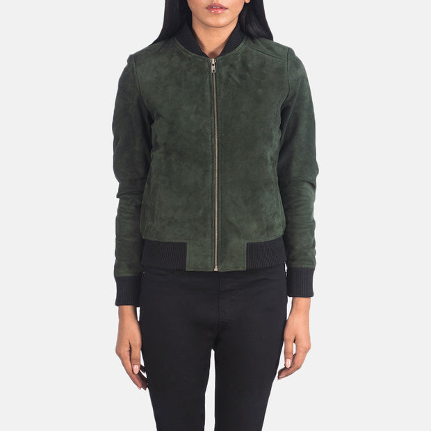 Women's Green Suede Leather Bomber Jacket: The Brooklyn