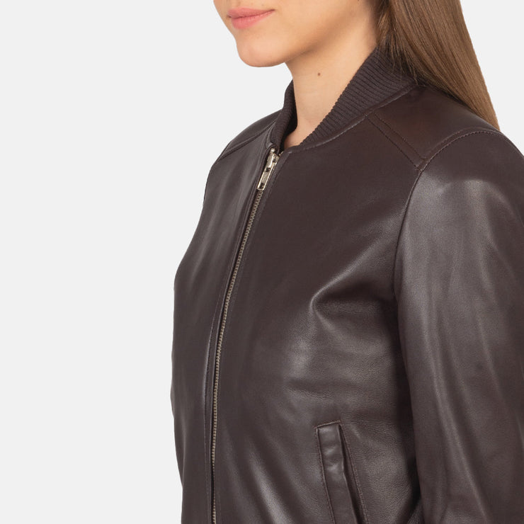 Women's Maroonish Brown Leather Bomber Jacket: The Brooklyn