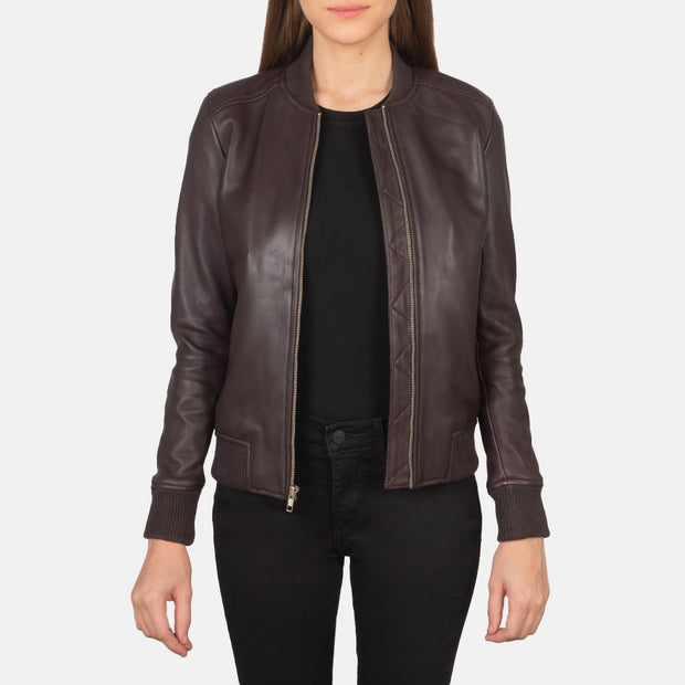 Women's Maroonish Brown Leather Bomber Jacket: The Brooklyn