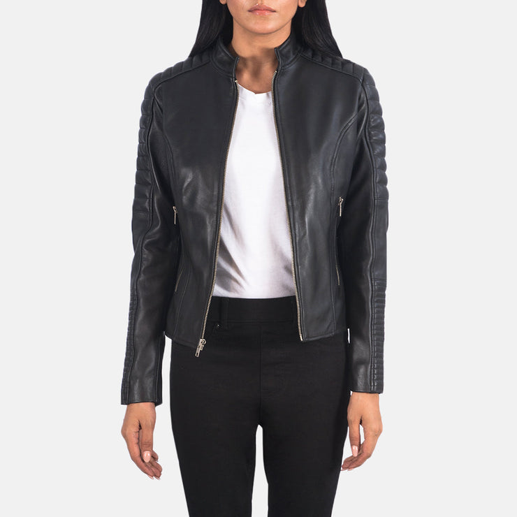 Women's Quilted Black Cafe Racer Jacket: The Ellie