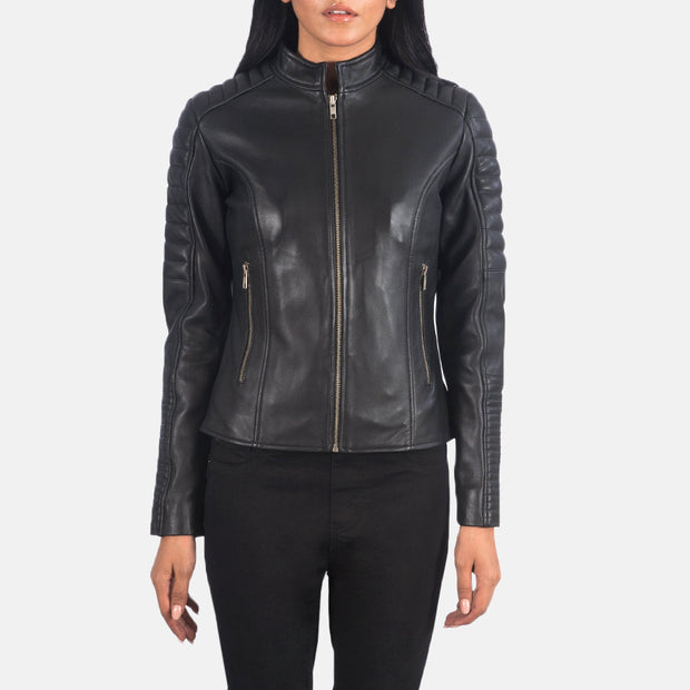 Women's Quilted Black Cafe Racer Jacket: The Ellie