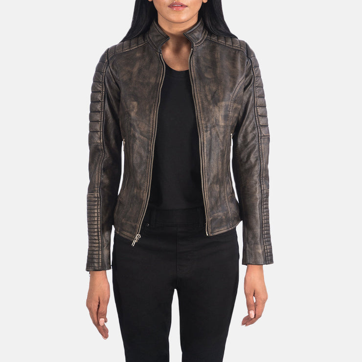 Women's Quilted Distressed Brown Cafe Racer Jacket: The Ellie