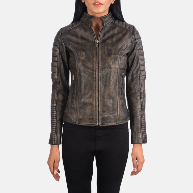 Women's Quilted Distressed Brown Cafe Racer Jacket: The Ellie