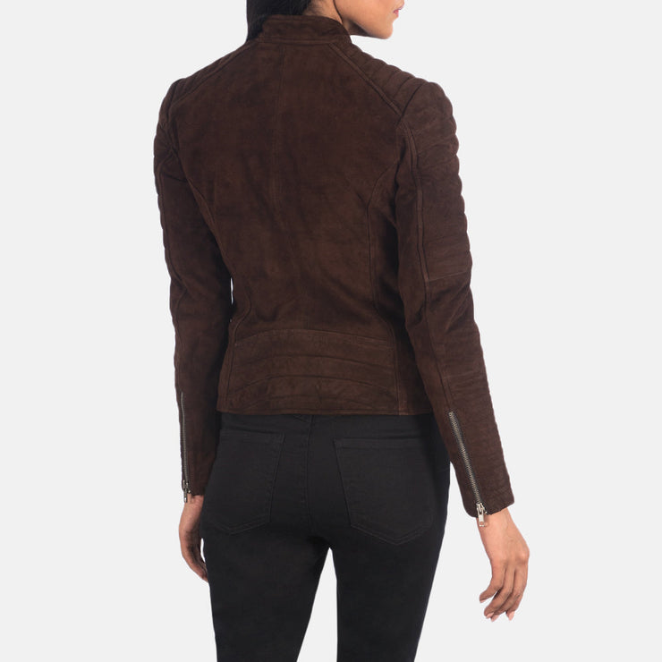 Women's Quilted Dark Brown Cafe Racer Suede Leather Jacket: The Ellie