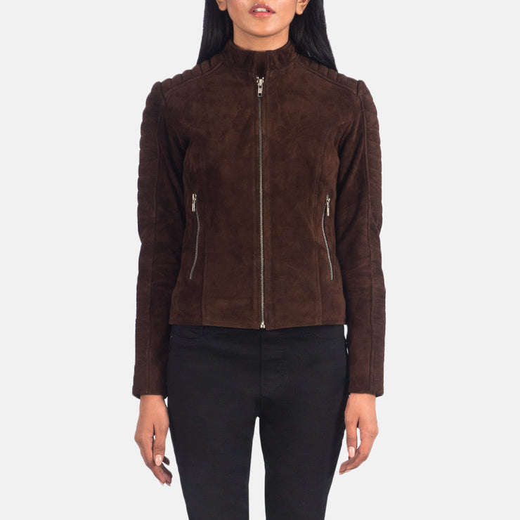 Women's Quilted Dark Brown Cafe Racer Suede Leather Jacket: The Ellie