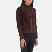 Women's Quilted Dark Brown Cafe Racer Suede Leather Jacket: The Ellie