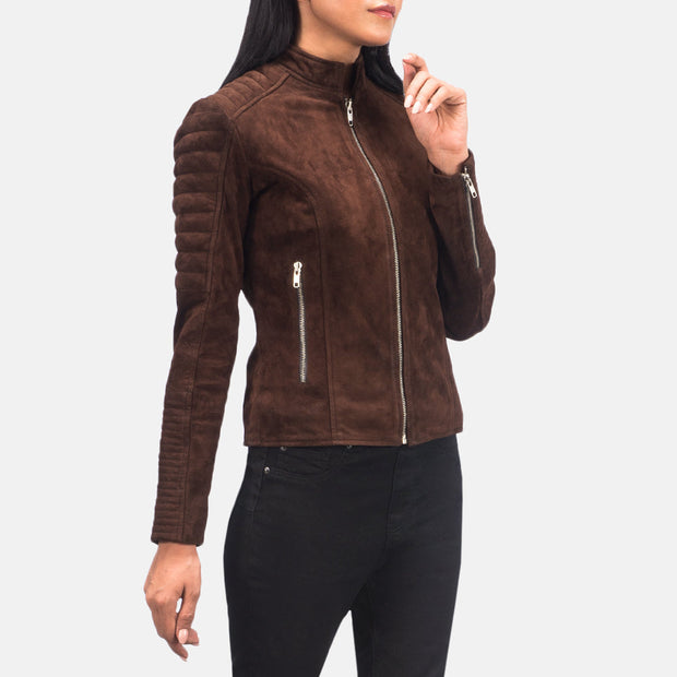 Women's Quilted Dark Brown Cafe Racer Suede Leather Jacket: The Ellie