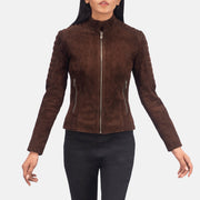 Women's Quilted Dark Brown Cafe Racer Suede Leather Jacket: The Ellie