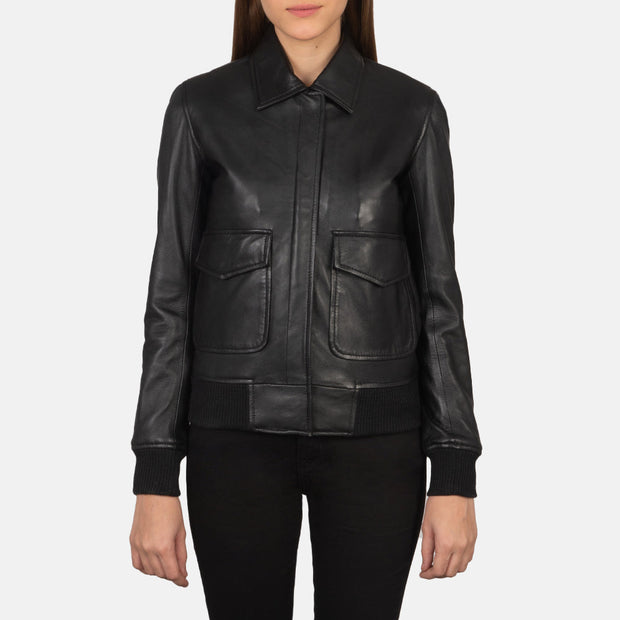 Women's A2 Black Leather Bomber Jacket: The Fiorella