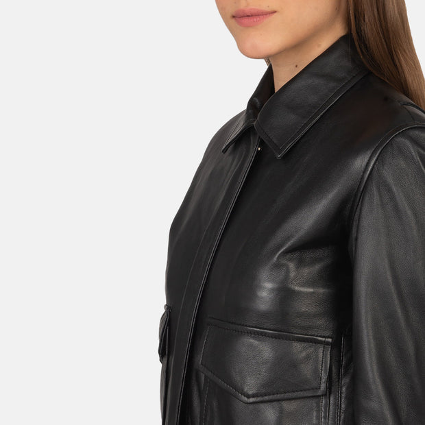 Women's A2 Black Leather Bomber Jacket: The Fiorella